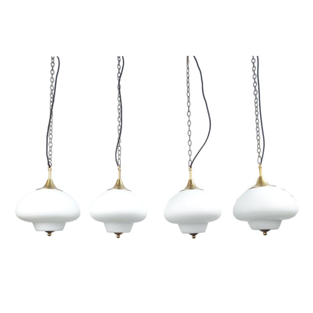 Mid-Century Modern Satin Etched Opaline Pendant with Brass Finial, 1950s For Sale