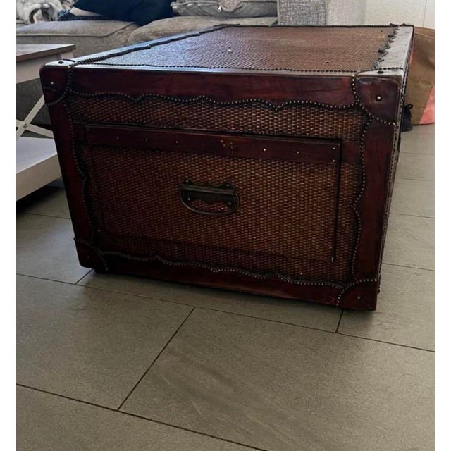 Art Nouveau Vintage Ralph Lauren Rattan and Leather Storage Trunk Coffee Table For Sale - Image 3 of 5