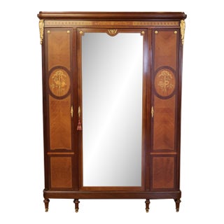 Late 19th Century Satinwood Inlaid Bronze Mounted Beveled Mirror Armoire For Sale
