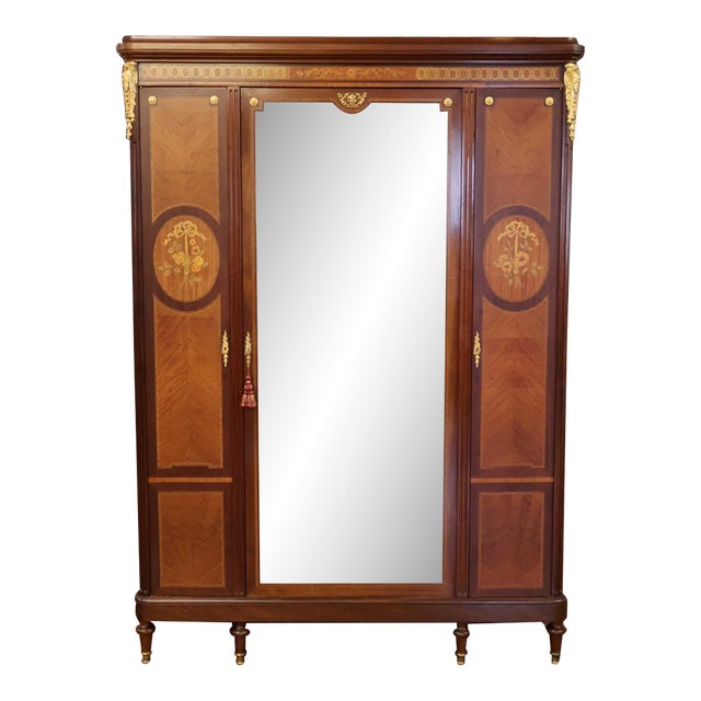 Late 19th Century Satinwood Inlaid Bronze Mounted Beveled Mirror Armoire For Sale