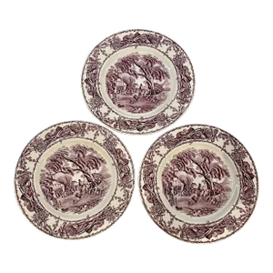 Purple English 19th Century Transferware Dessert Plates, S/3