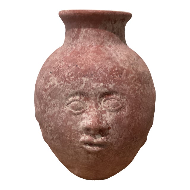 Mid 20th Century Primitive Handmade Sun Moon Faced Terra Cotta Clay Vase/Pot For Sale