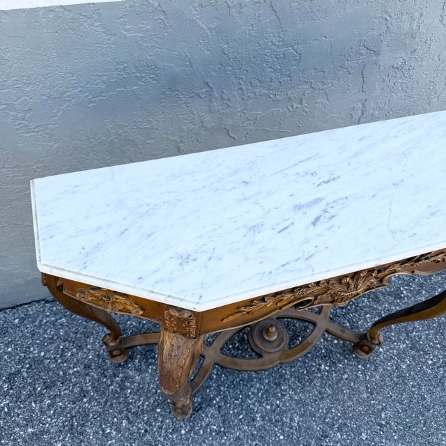 Mid 20th Century Vintage French Style Marble Top Wooden Console Table For Sale - Image 5 of 11