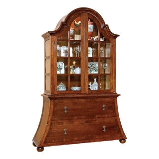 Italian Solid Walnut Bombe Display Cabinet With Beveled Glass Doors For Sale