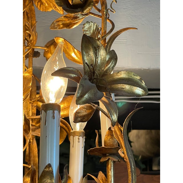 Vintage 1960s Italian Mid Century Hollywood Regency Six Light Gilt Floral Chandelier For Sale - Image 4 of 13