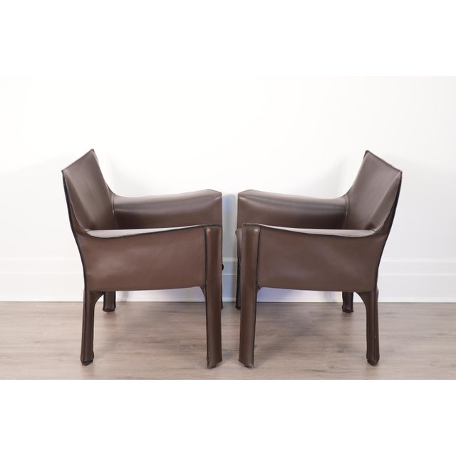 Cassina Brown Leather Mario Bellini for Cassina Cab 414 Lounge Chairs Italy For Sale - Image 4 of 10