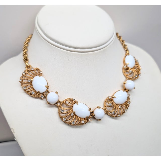 1960s goldtone cabochon oval and round white rhinestones with small round clear rhinestone accents collar necklace with...