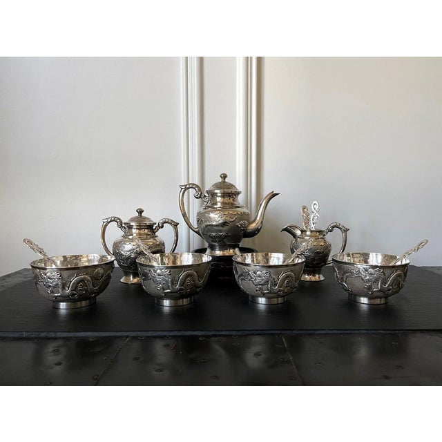 Chinese Early 20th Century Rare Chinese Export Sterling Silver Tea Set with Dragon Design Tianjing Wuhua - 13 pcs For Sale - Image 3 of 18