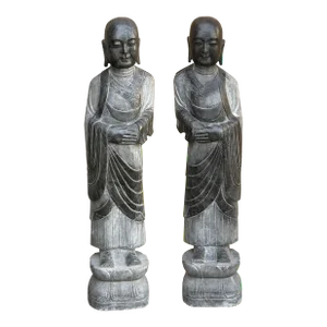 Pair Black Gray Stone Carved Standing Monk Arhat Lohan Statues