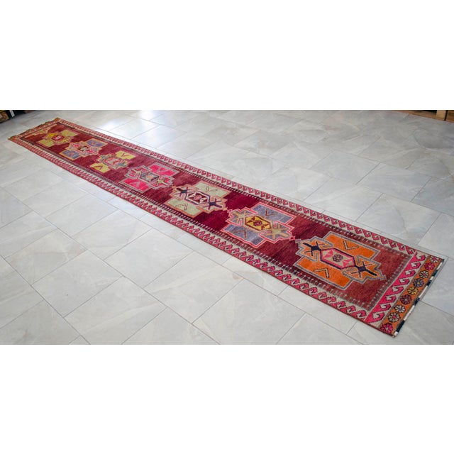 Burgundy 1970s Vintage Hand-Knotted Narrow Runner - 2′1″ × 14′2″ For Sale - Image 8 of 15