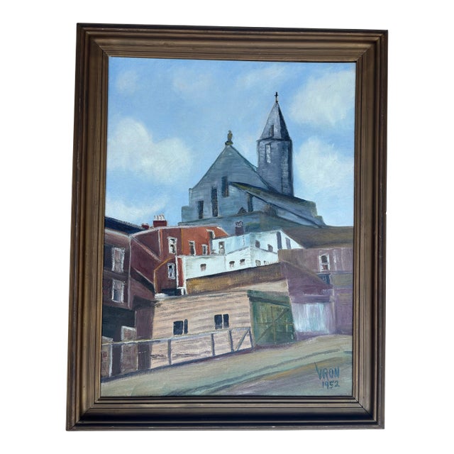 Midcentury 1952 Cityscape Painting, Framed For Sale
