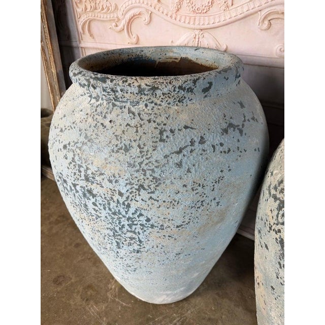 Ceramic Pair of Large Antique Terracotta Storage Jars With Blue Weathered Patina For Sale - Image 7 of 12