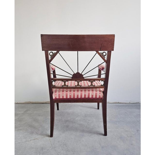 Metal Antique French Empire Mahogany Armchair in Pink Striped Fabric, 1890s For Sale - Image 7 of 15