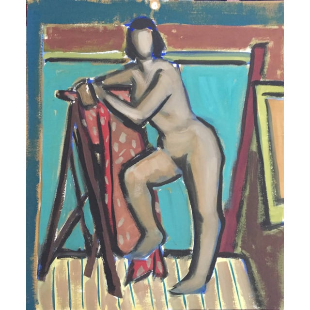 Leaning is a unique, vintage piece painted c. 1950 by the Jerry & Ruth Opper Estate. The abstract painting features a...