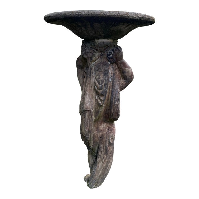 Vintage Rare Concrete Cherub Bird Bath With Weathered Patina. For Sale