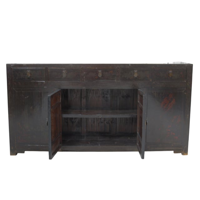 Wood Antique Chinese Tall Sideboard With Faded Hand-Painted Doors, Red-Brown Patina For Sale - Image 7 of 11
