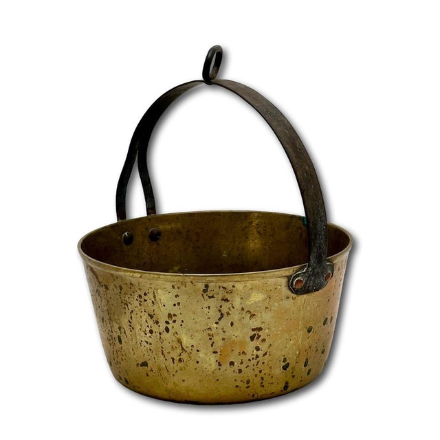 Unusual Mid 1800s Antique Heavy Brass & Hand Wrought Iron Fireplace Hearth Hanging Cooking Pot For Sale - Image 16 of 18