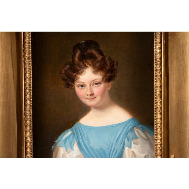 Unknown, Portrait of a Young Lady in Blue Empire Dress, 1800s, Oil on Canvas For Sale - Image 7 of 14