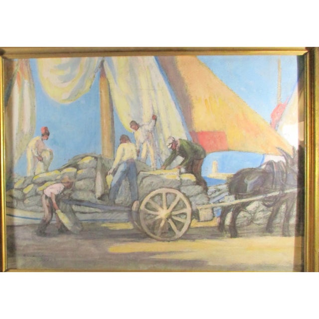 Pierre Ladureau ( France 1882-1975). Gauche painting of porters at work at the harbor unloading a horse-drawn cart. Signed...
