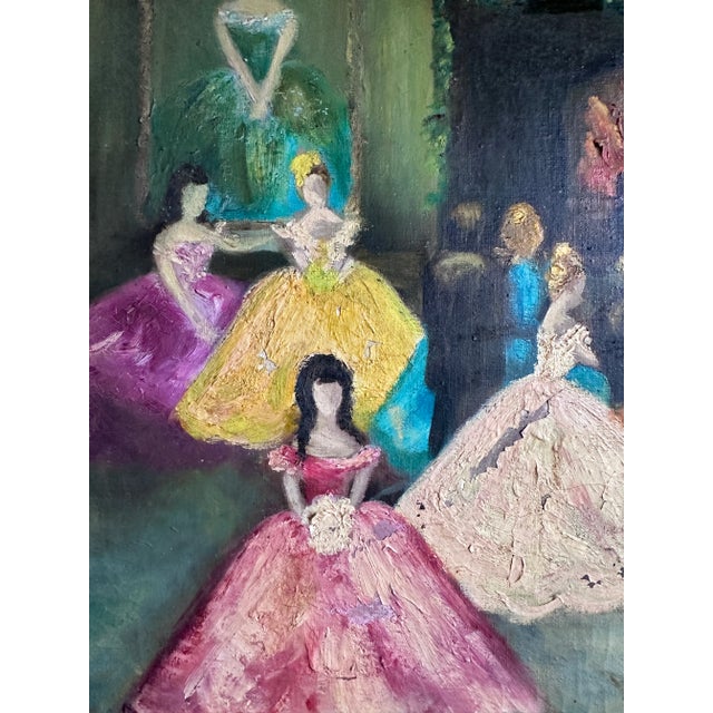 Textile Vintage Oil on Canvas Dancing Ladies Signed Art For Sale - Image 7 of 10