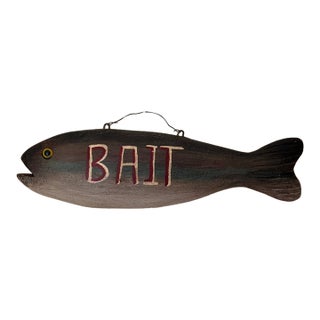 Vintage New England-Style Hand-Carved Fish Bait & Tackle Folk Art Sign For Sale