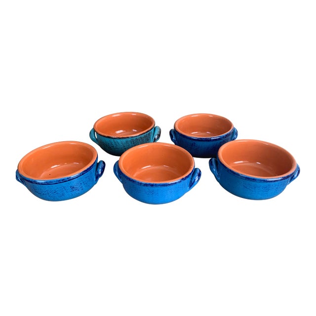 Vintage DeSilva Rustic Painted & Glazed Terra Cotta Soup Bowls With Handles- Set of 5 For Sale