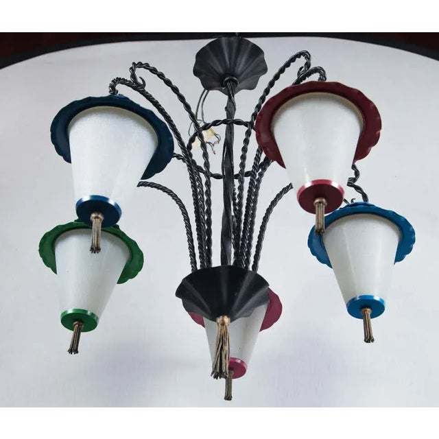 Black 1950s Japanese Wrought Iron 5 Lanterns Chandelier For Sale - Image 8 of 11