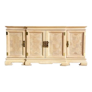 Chinoserie Wooden Credenza With Brass Handles and Burl Doors For Sale