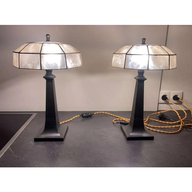 Metal Early 20th Century Table Lamps With Faceted Capiz Shades - a Pair For Sale - Image 7 of 7
