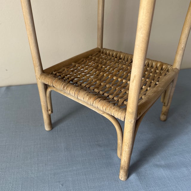 1970s Vintage Handcrafted Square Bamboo Woven Wicker Two Tiered Plant Stand For Sale - Image 5 of 8