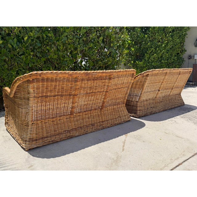 Brown Vintage 72” Handwoven Rattan Sofas With Large Braid Trim, Pair For Sale - Image 8 of 17