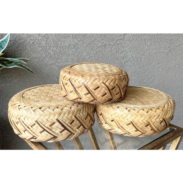 Wood Late 20th-Century Artfully Handwoven Trio of Nested Rattan Circular Baskets For Sale - Image 7 of 18