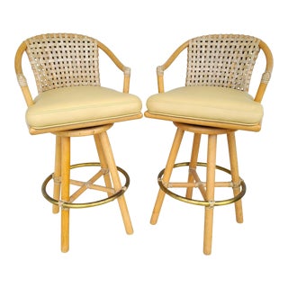 McGuire Laced Leather Rattan Swivel Cerused Barstools-Set of 2 For Sale
