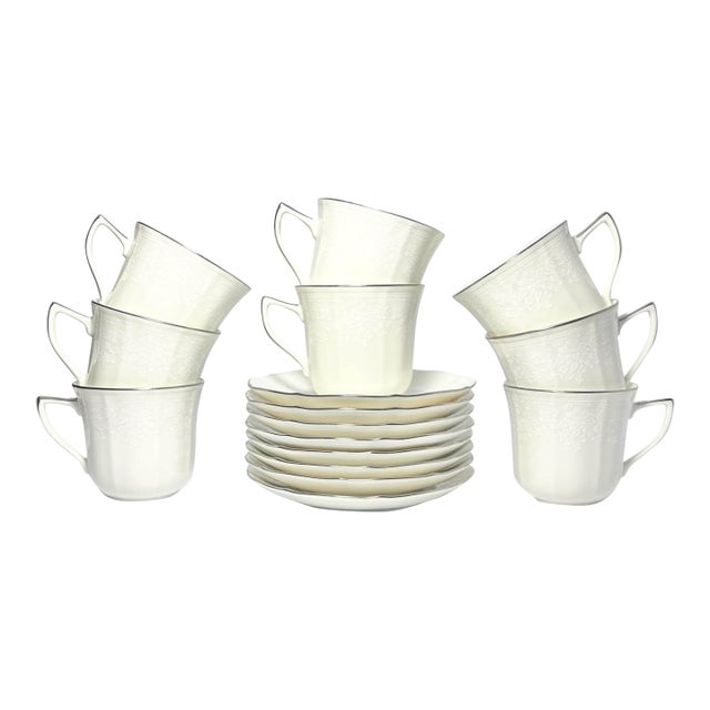 Noritake “Chandon, Platinum” Set of 8 Bone China Teacups & Saucers For Sale