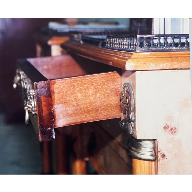 Early 20th Century Pair of Biedermeier/Empire Revival Burl Wood Sideboards With Brass Gallery and Ormolu Mounts With Verdi Marble Tops. For Sale - Image 10 of 10