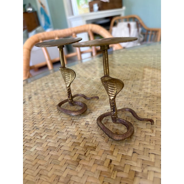 Hollywood Regency Pair of Vintage Brass Cobra Tea Light Candle Stands For Sale - Image 3 of 6