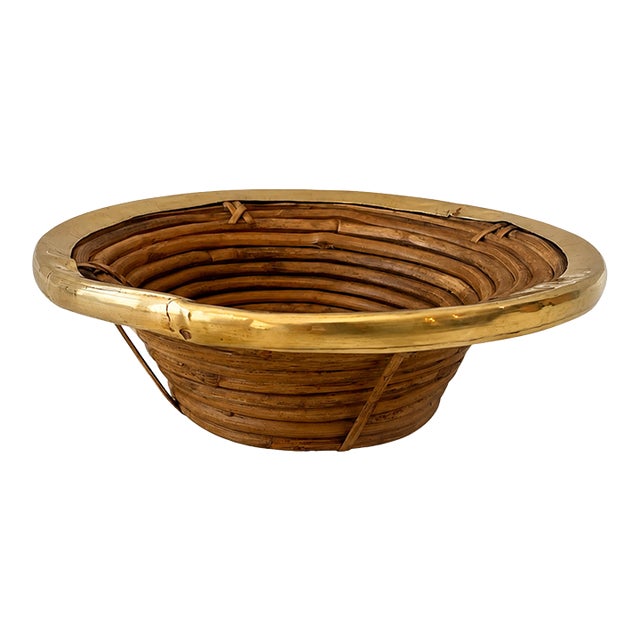 Italian Pencil Reed Rattan Bowl With Brass Trim, 11 In For Sale