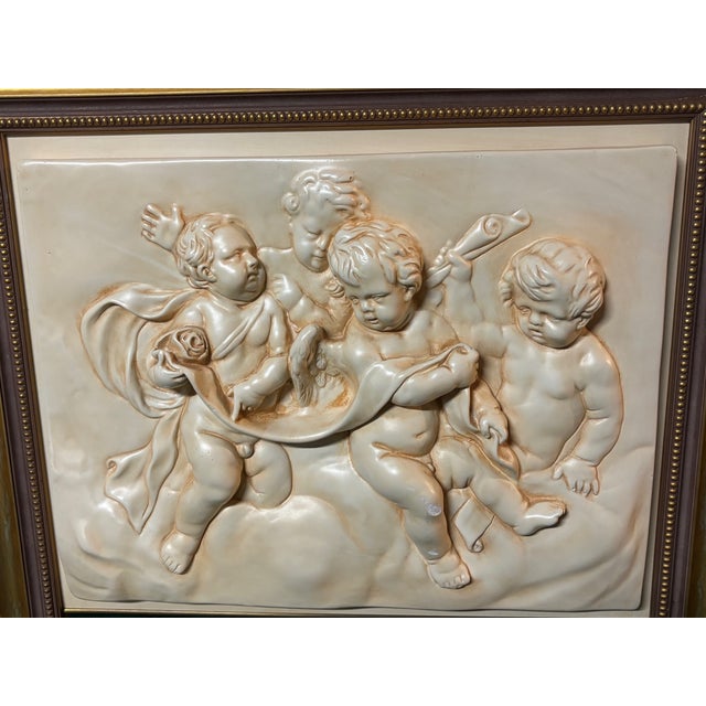 Late 20th Century Italian Cherub Motif Gold Frame Beveled Glass Composition Mirror For Sale - Image 5 of 7
