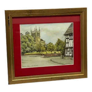 Vintage Framed Signed English Village Scene Pershore Abbey and Almonry