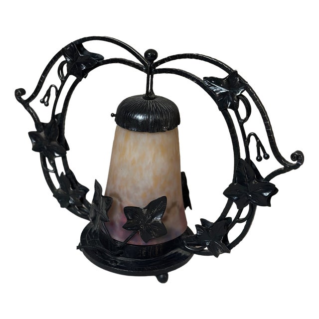 Art Deco Table Lamp in Glass and Wrought Iron, 1930s For Sale
