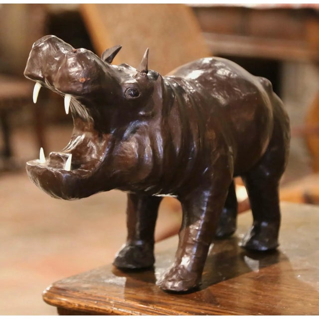 Early 20th Century French Carved Patinated Leather Hippo Sculpture For Sale In Dallas - Image 6 of 10