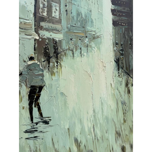 Rainy Cityscape Oil Painting Brutalist Impasto Figurative Street Scene For Sale - Image 9 of 10
