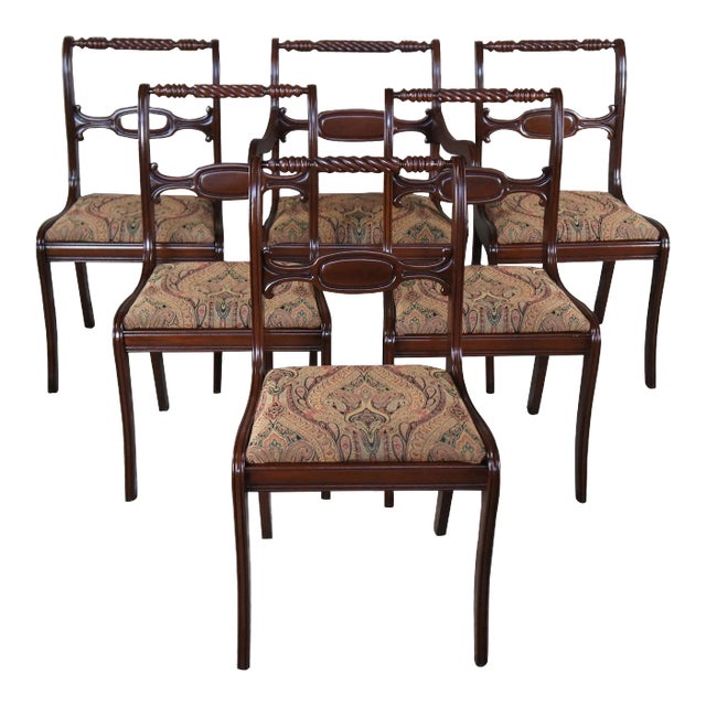 Early 20th Century Antique Styled by Park English Regency American Cherry Paisley Dining Chairs - Set of 6 For Sale