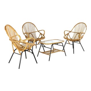 Rattan Chairs & Coffee Table, Set of 4 For Sale