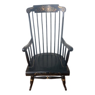 1980s Nichols & Stone Hand-Painted Windsor Rocking Chair, Black & Gold Stencil, Gardner Massachusetts For Sale