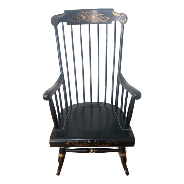 1980s Nichols & Stone Hand-Painted Windsor Rocking Chair, Black & Gold Stencil, Gardner Massachusetts For Sale