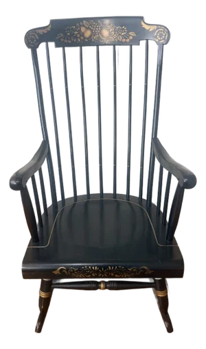 1980s Nichols & Stone Hand-Painted Windsor Rocking Chair, Black & Gold Stencil, Gardner Massachusetts