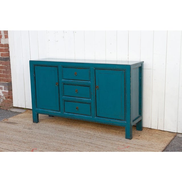 Chinese Lacquered Pacific Blue Three Drawer Credenza For Sale - Image 3 of 6