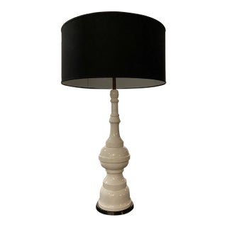 Large Midcentury Ivory Crackle Glaze Large Scale Lamp With Custom Shade For Sale