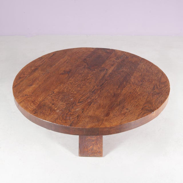 Brutalist Round Oak Wood Coffee Table, Netherlands, 1970s For Sale - Image 5 of 6